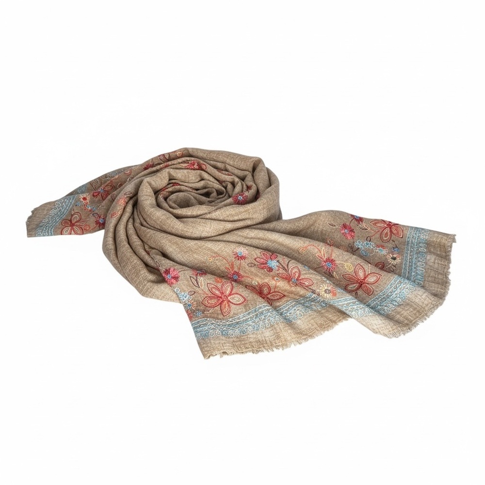 Rare Haw by Twentynine‎ Palms Tan Oversize Floral Embroidered Scarf